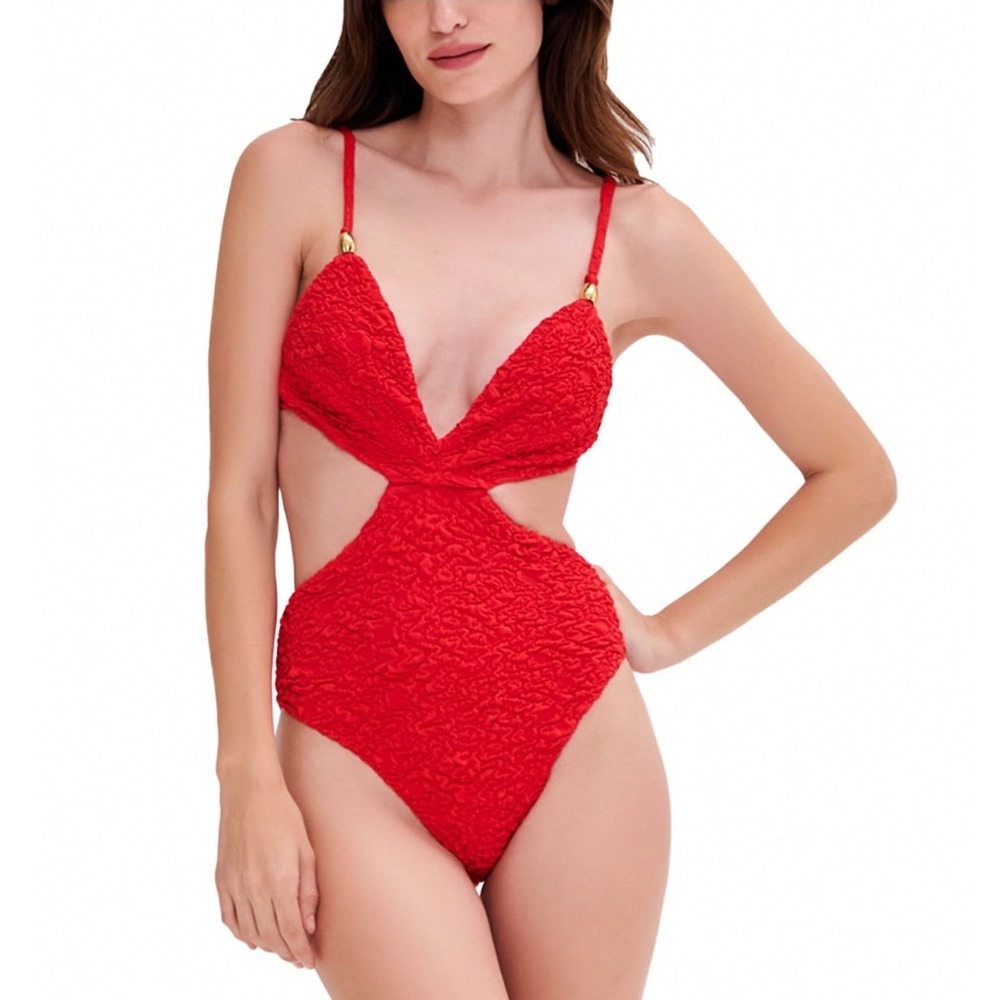 PatBO Papillon Jacquard Butterfly One Piece Swimsuit Red Cutout XS New